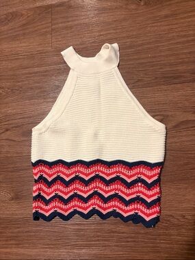 Dee Elly Sleeveless White Knit Tank with Red, Pink, and Navy Chevron Hem